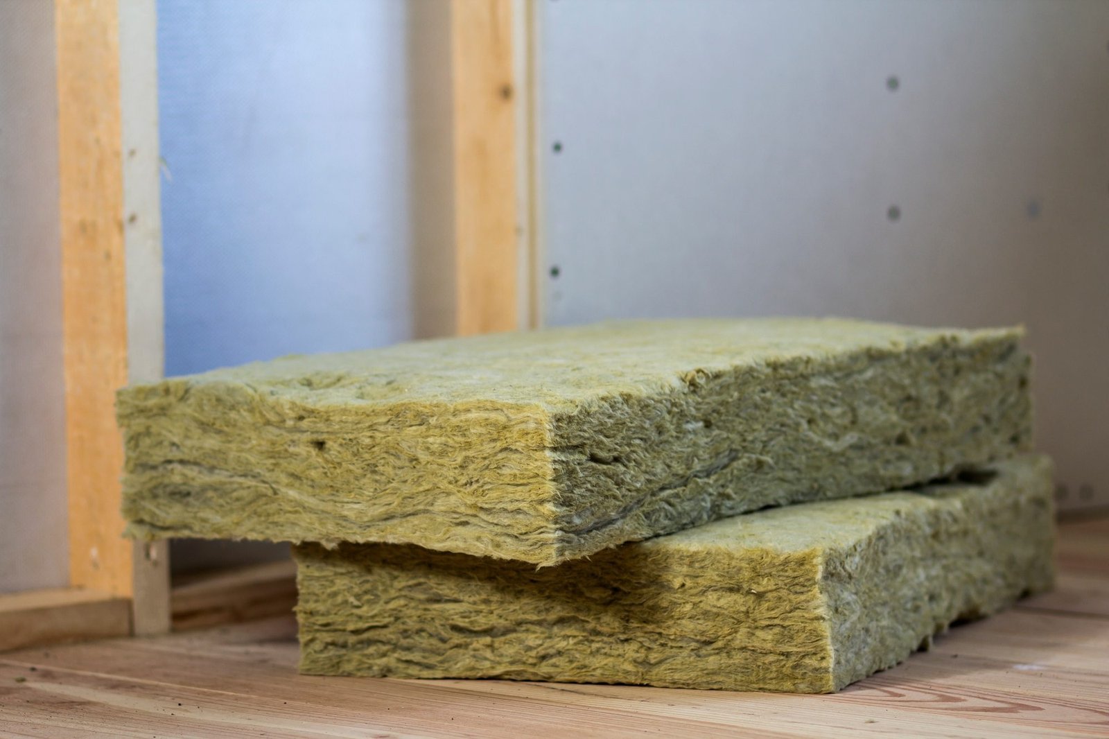 Wooden frame for future walls with drywall plates insulated with rock wool and fiberglass insulation