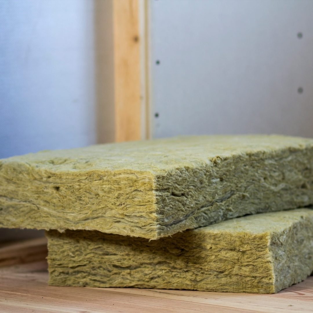 Wooden frame for future walls with drywall plates insulated with rock wool and fiberglass insulation